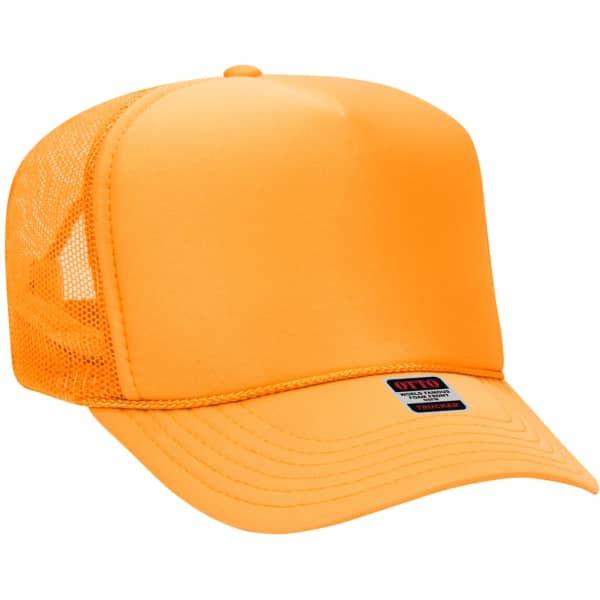 An orange 5 panel trucker hat with a solid front and mesh sides, featuring a logo on the front.