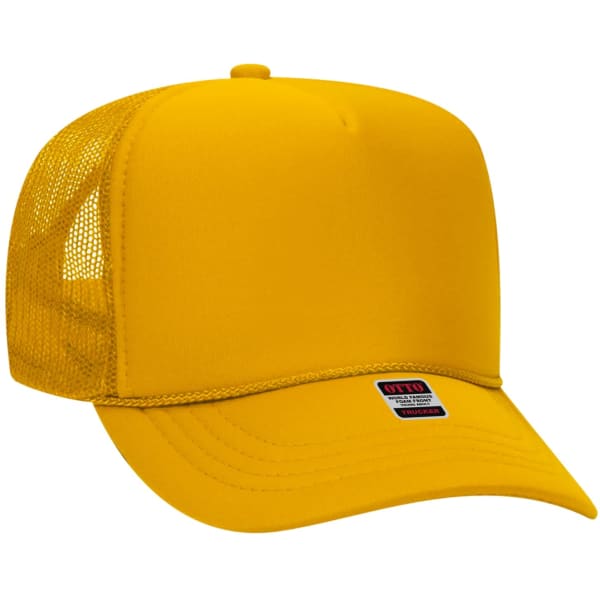 A yellow 5 panel trucker hat with a mesh back and a logo on the front.