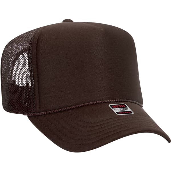 A brown 5 panel trucker hat featuring a mesh back and a logo on the front.