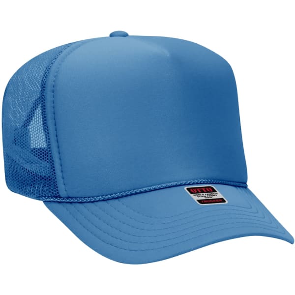 A blue 5 panel trucker hat featuring a solid front and mesh back, including a branded label on the front.