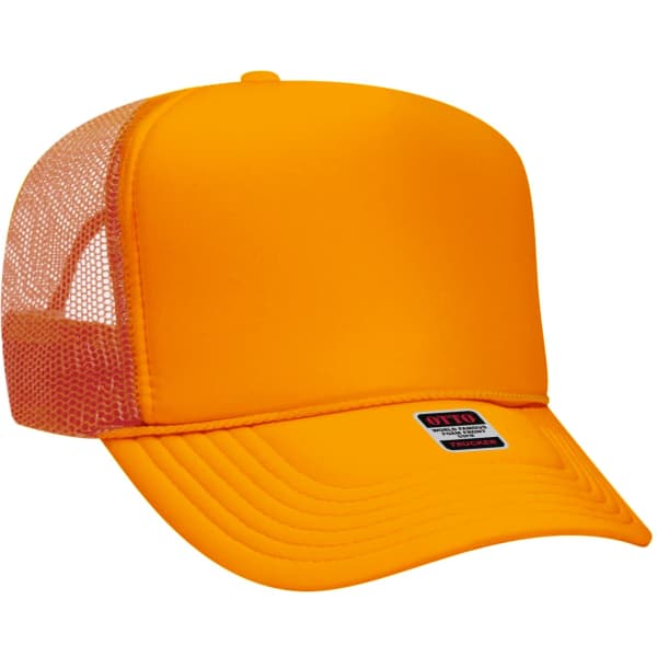 An orange 5 Panel Trucker Hat with a mesh back and a branded tag on the side.
