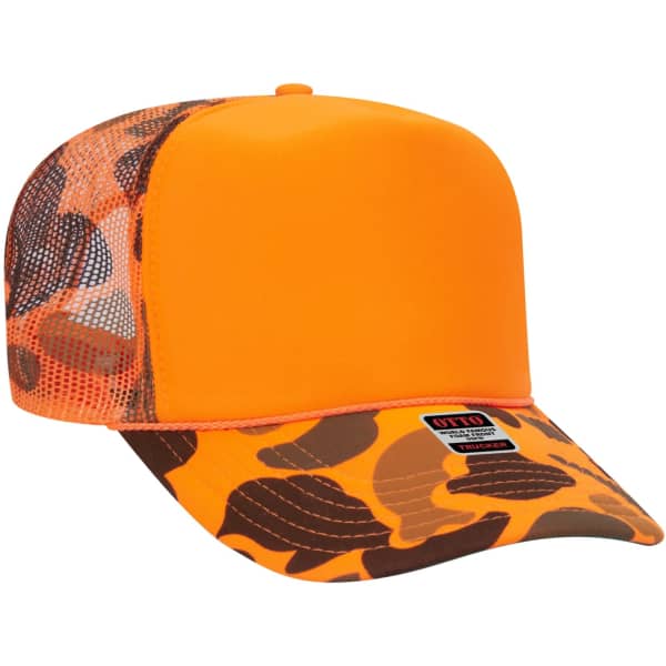 A vibrant orange and brown camo 5 panel trucker hat featuring mesh sides and a logo on the front.