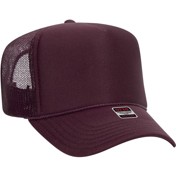 A burgundy 5 panel trucker hat with a mesh back and a logo on the front.