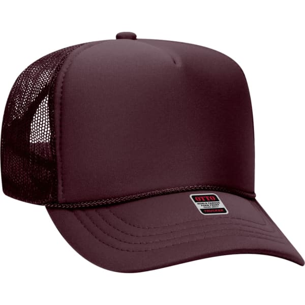 A maroon 5 panel trucker hat with a mesh back and a branded tag on the front.