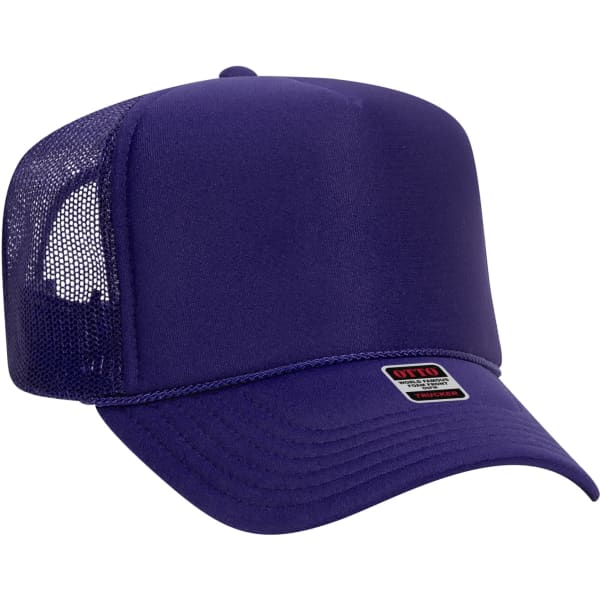 A purple 5-panel trucker hat with a mesh back and a logo on the front.