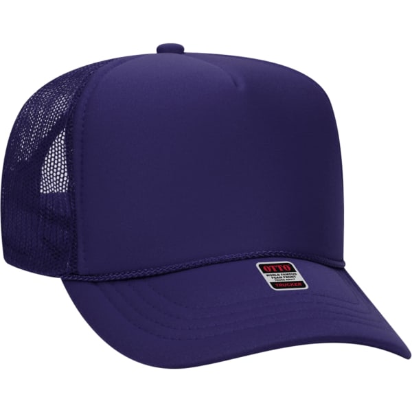 A purple 5-panel trucker hat featuring a solid front and mesh back, with an attached logo label.