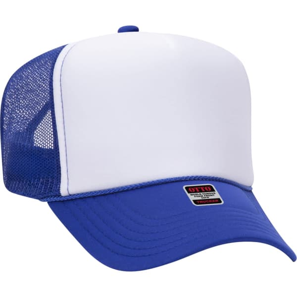 A blue and white 5 panel trucker hat featuring a mesh back and a branded tag.