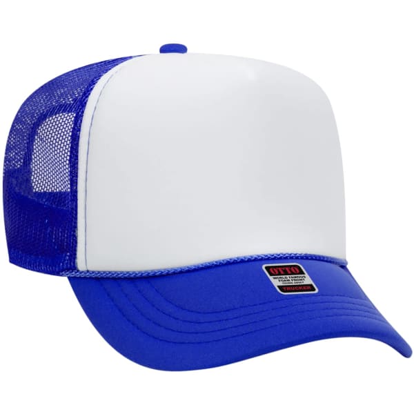 A blue and white 5 panel trucker hat with a mesh back and a logo tag at the front.
