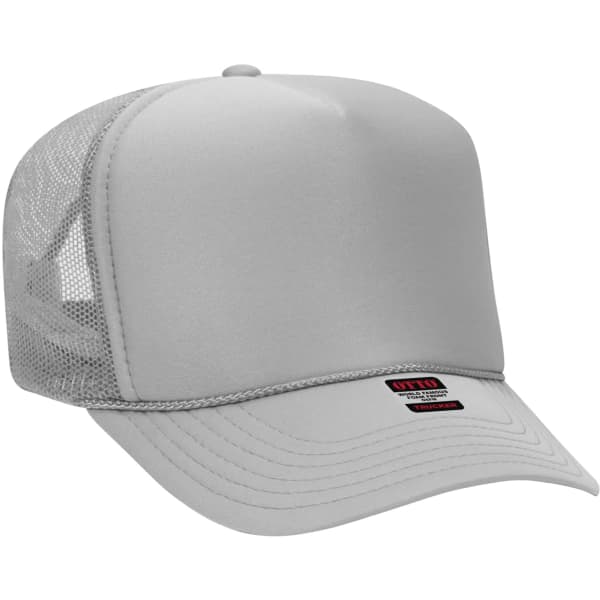 A grey 5-panel trucker hat featuring a mesh back and a small logo on the front.