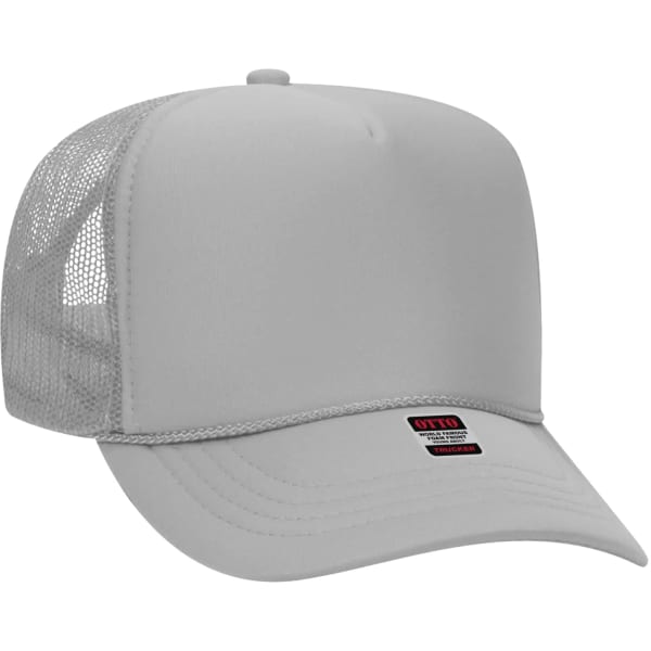 A grey 5-panel trucker hat with a mesh back and a branded label on the front.