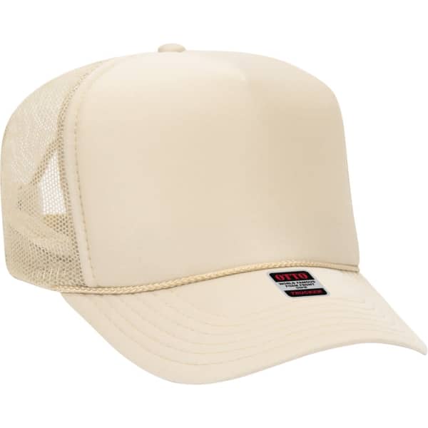 A beige 5 panel trucker hat with mesh panels and a branded patch on the front.
