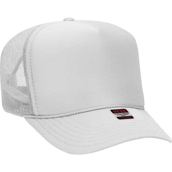 A white 5-panel trucker hat with a mesh back and a logo on the front.