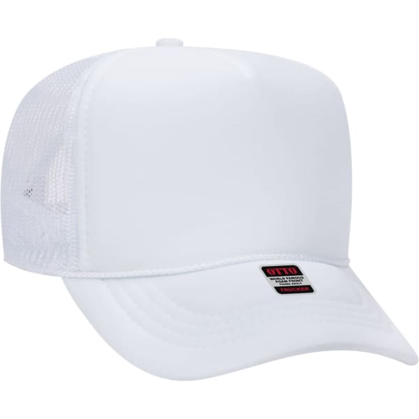 A white 5 panel trucker hat featuring a solid front and mesh back, with a logo on the front panel.