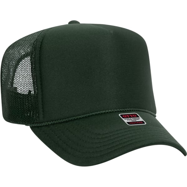 A dark green 5-panel trucker hat with mesh side panels and a branded label on the front.