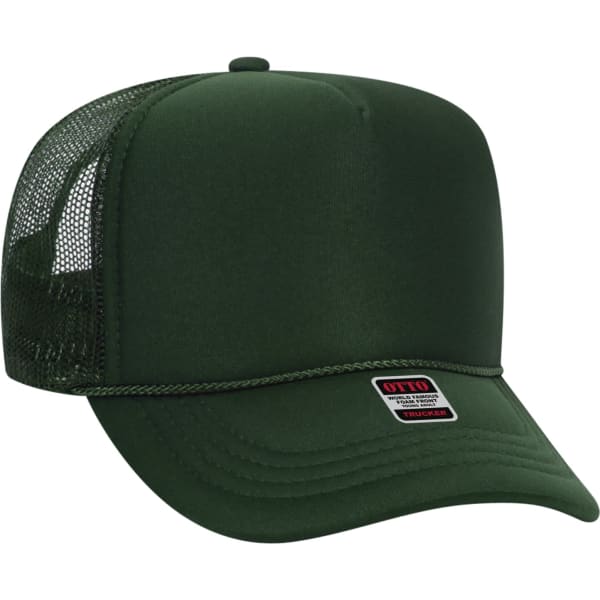 A green 5 panel trucker hat with a mesh back and a logo on the front.