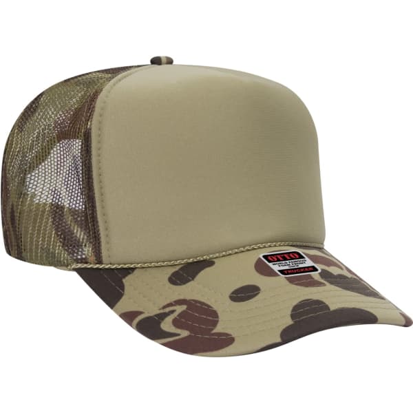 A beige and camouflage 5-panel trucker hat with a mesh back, featuring a logo on the front panel.