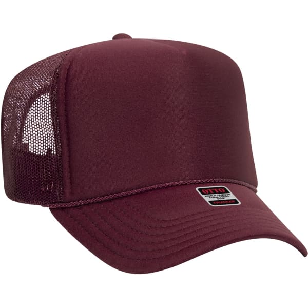 A maroon 5 panel trucker hat featuring a mesh back and a branded label on the front.