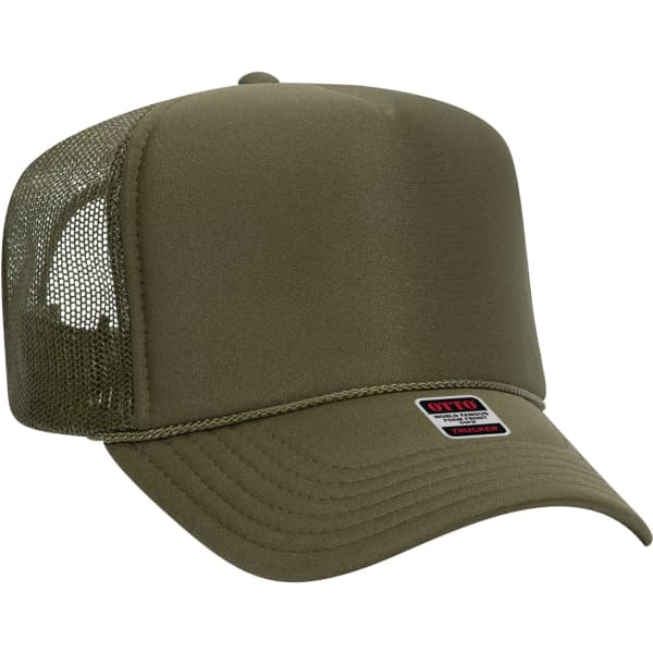An olive green 5 panel trucker hat with a mesh back and a branded logo on the front.
