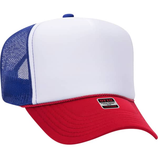A 5-panel trucker hat featuring a white front, blue mesh sides, and a red brim, with a logo on the front.