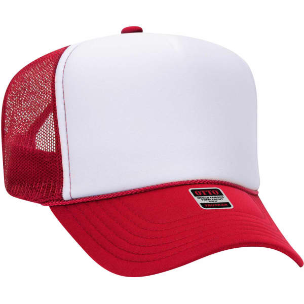 A red and white 5 panel trucker hat featuring a mesh back and a logo on the front.