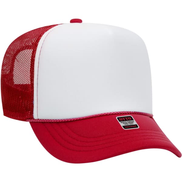 A red and white 5 Panel Trucker Hat with a mesh back and a logo on the front.