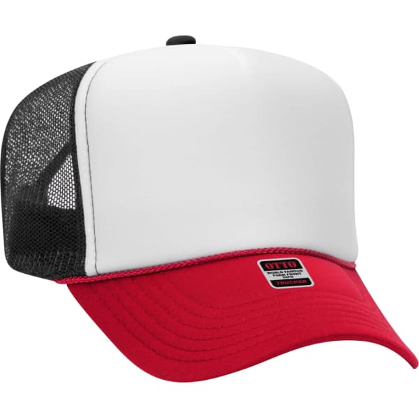 A 5 panel trucker hat in red and white with a black mesh back and a logo on the side.