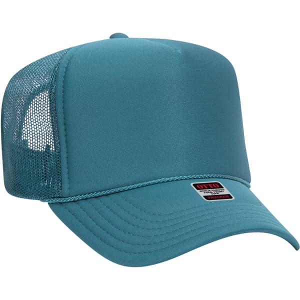 A 5 Panel Trucker Hat in teal with a mesh back and a prominent branding label on the front.