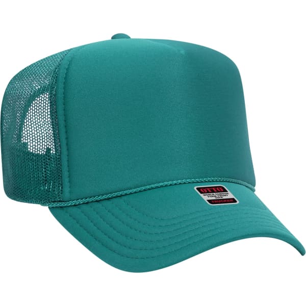 A teal 5 panel trucker hat featuring a mesh back and a branded patch on the front.