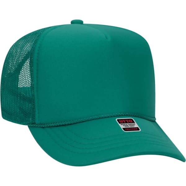 A green 5 panel trucker hat with mesh sides and a flat brim, featuring a small logo.