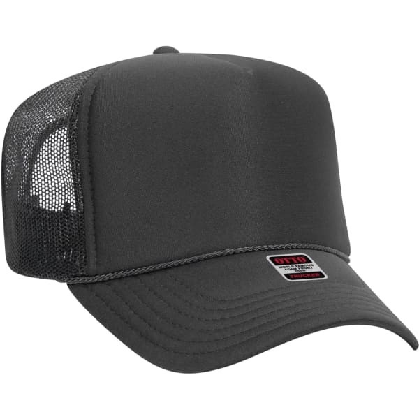 A grey 5-panel trucker hat featuring a mesh back and an embroidered logo on the front.