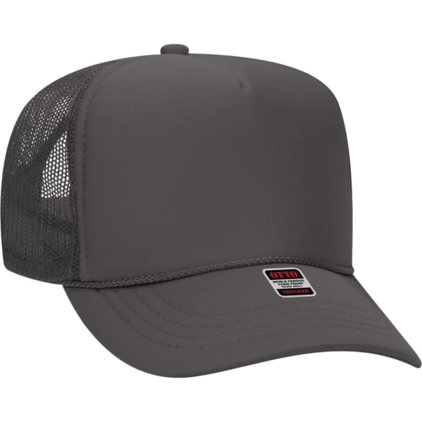 A grey 5 panel trucker hat with a solid front and mesh back, featuring a small logo on the front.