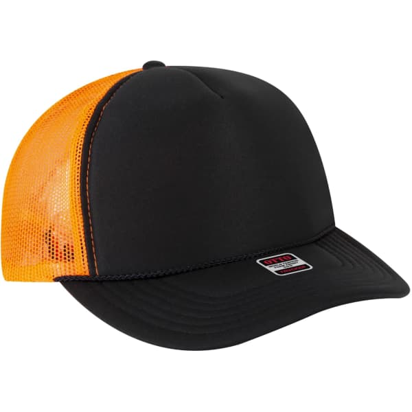 A black and orange 5 Panel Trucker Hat featuring a mesh back and a branded label.
