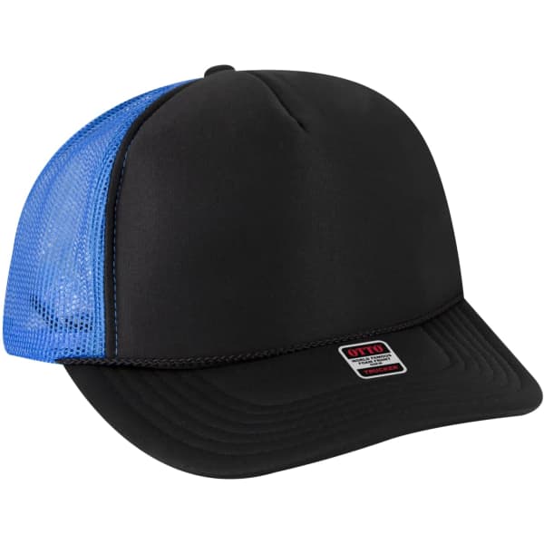 A black 5 Panel Trucker Hat with a blue mesh back and a logo on the front.