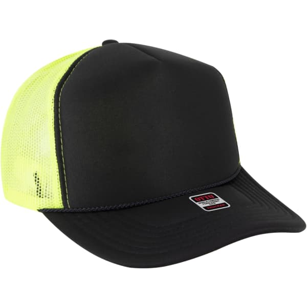 A black 5 panel trucker hat with bright yellow mesh sides and a branded label on the front.