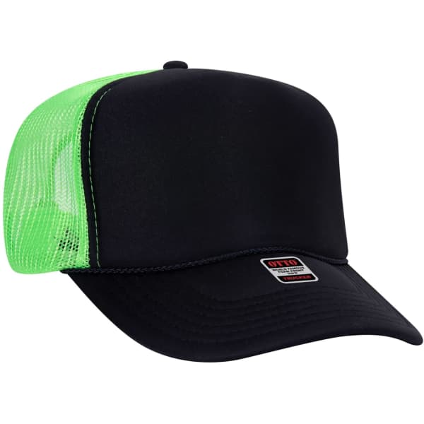 A black 5 panel trucker hat with a bright green mesh back and a logo on the side.