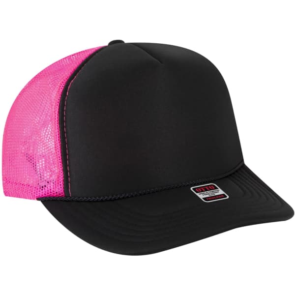 A black 5 panel trucker hat with a pink mesh back and a logo on the front.