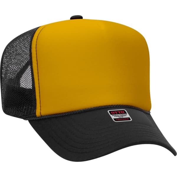 A yellow and black 5 Panel Trucker Hat with a mesh back and a logo on the front.