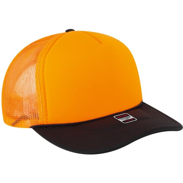An orange and brown 5 Panel Trucker Hat with a mesh back and a logo on the front.