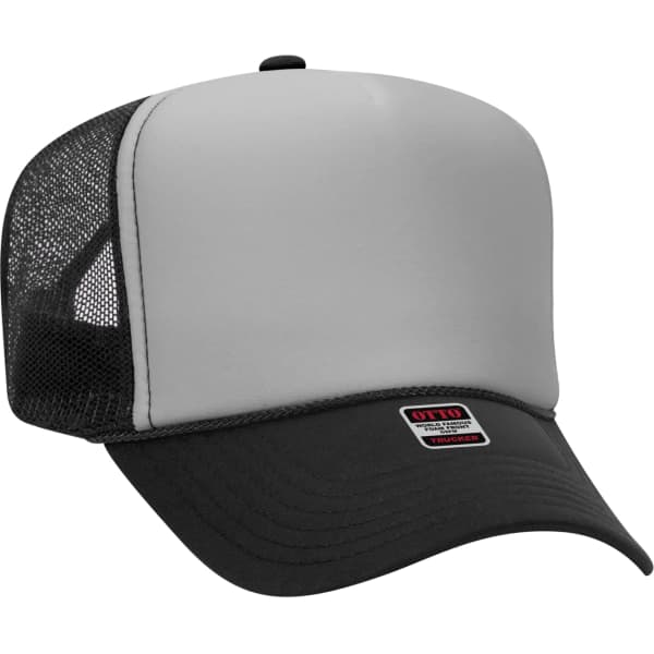 A grey and black 5 Panel Trucker Hat with a mesh back and a logo on the front.