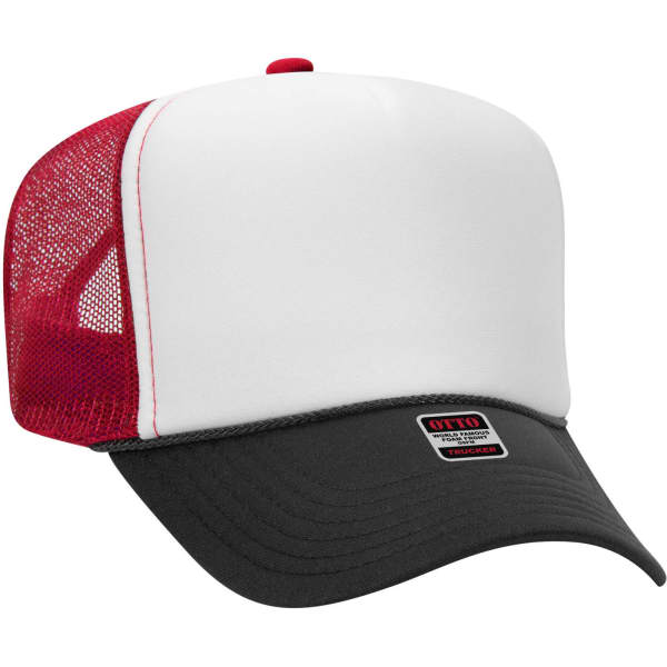 A red and white 5 panel trucker hat with a black peak, featuring a mesh back and a logo on the front.