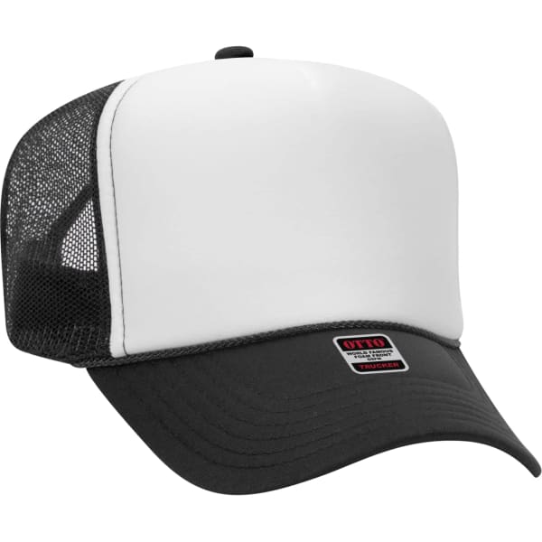 A black and white 5 panel trucker hat with a mesh back and a logo on the front.