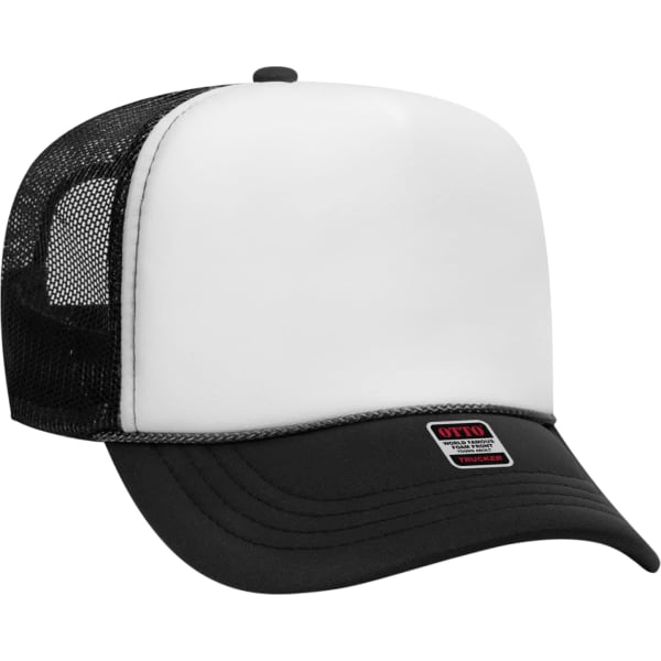 A five-panel trucker hat featuring a black brim and mesh back, with a white front panel and a logo.