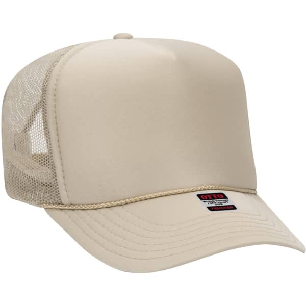 A beige 5 Panel Trucker Hat with a mesh rear and a logo on the front.