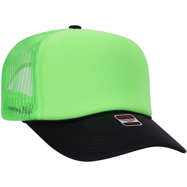 A bright green 5 panel trucker hat with a black peak and a mesh back, featuring a logo on the front.