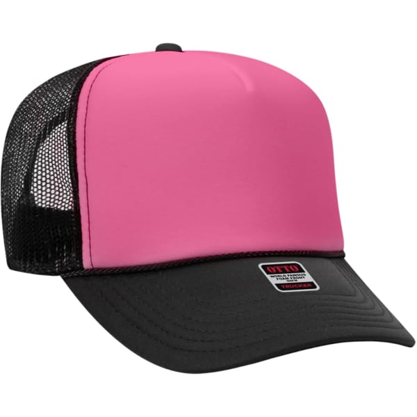 A pink and black 5 panel trucker hat with a mesh back and a branded tag at the front.