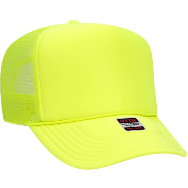 A bright yellow 5 panel trucker hat with a mesh back and a visible logo on the front.