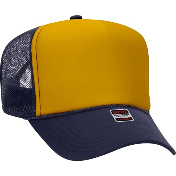 A yellow and navy blue 5-panel trucker hat featuring a mesh back and a logo on the front.