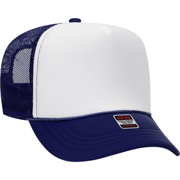 A five-panel trucker hat in white and navy, featuring a mesh back and a logo on the front.