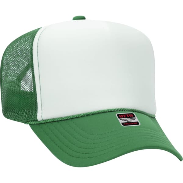 A green and white 5 panel trucker hat featuring mesh sides and a flat brim, with a logo on the front.
