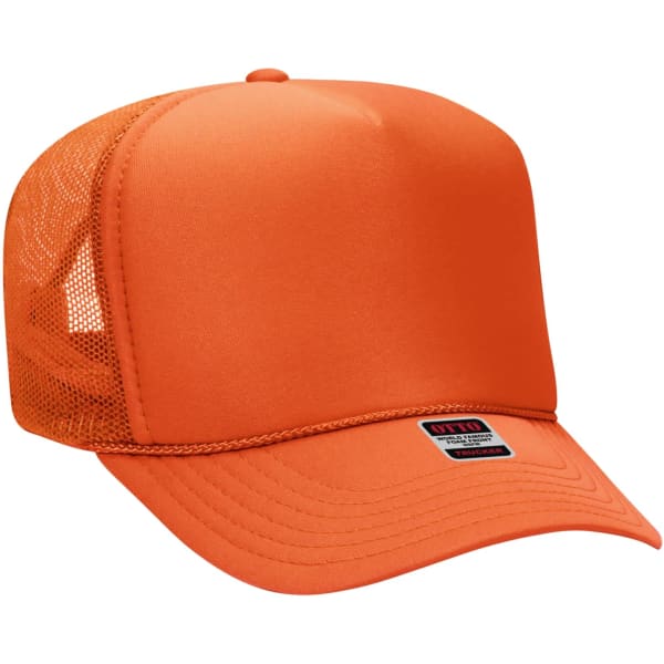An orange 5-panel trucker hat with a mesh back and a branded patch on the front.
